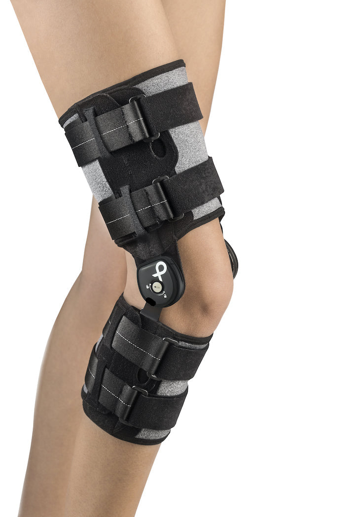 Hinged knee brace with flexion extension control and incremental locks