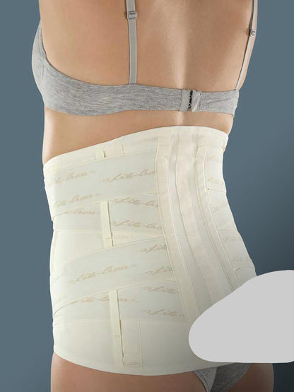 High elastic orthosis with rigid and thermoformable pads to stabilise the lumbar rachis and relieve pressure