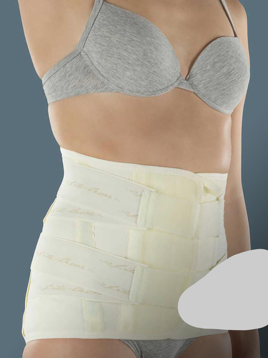 High elastic orthosis with rigid and thermoformable pads to stabilise the lumbar rachis and relieve pressure