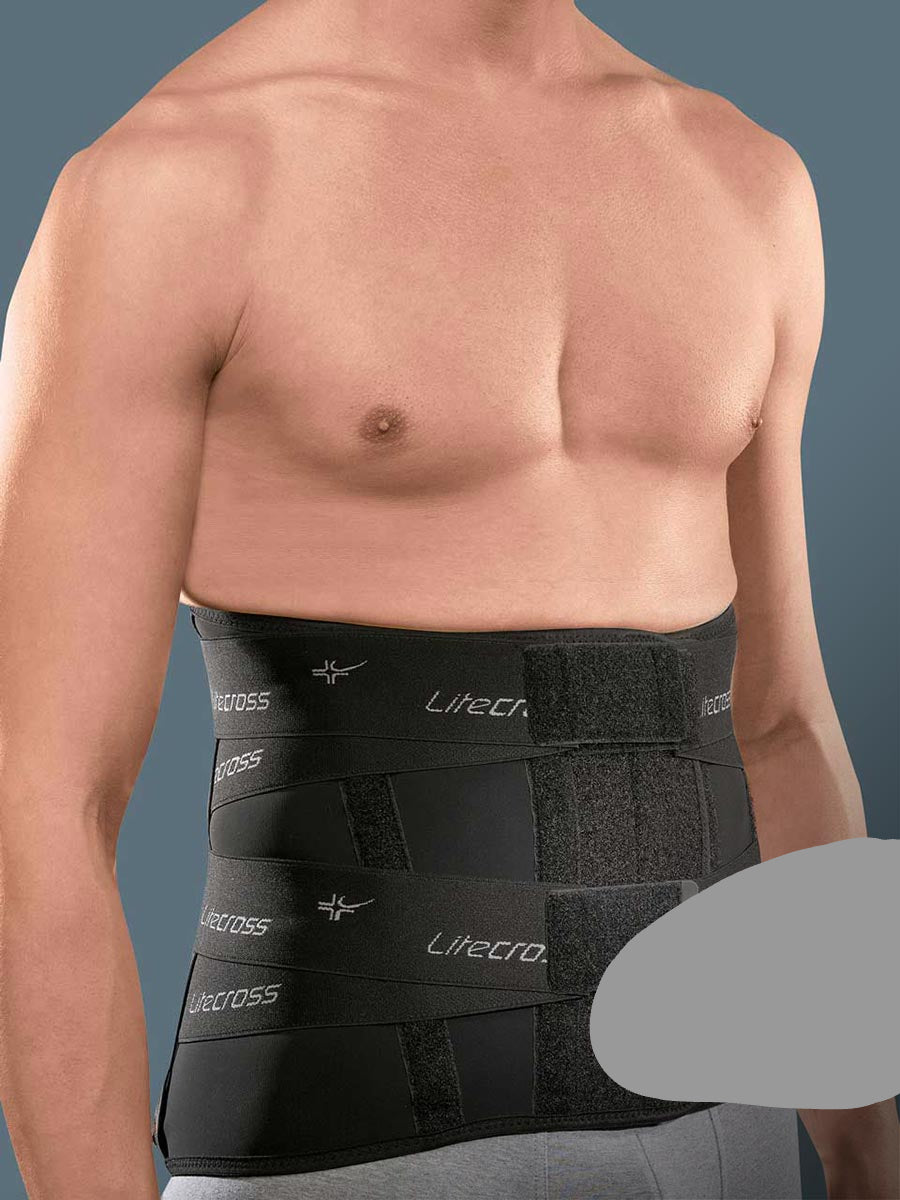 High elastic orthosis with rigid and thermoformable pads to stabilise the lumbar rachis and relieve pressure