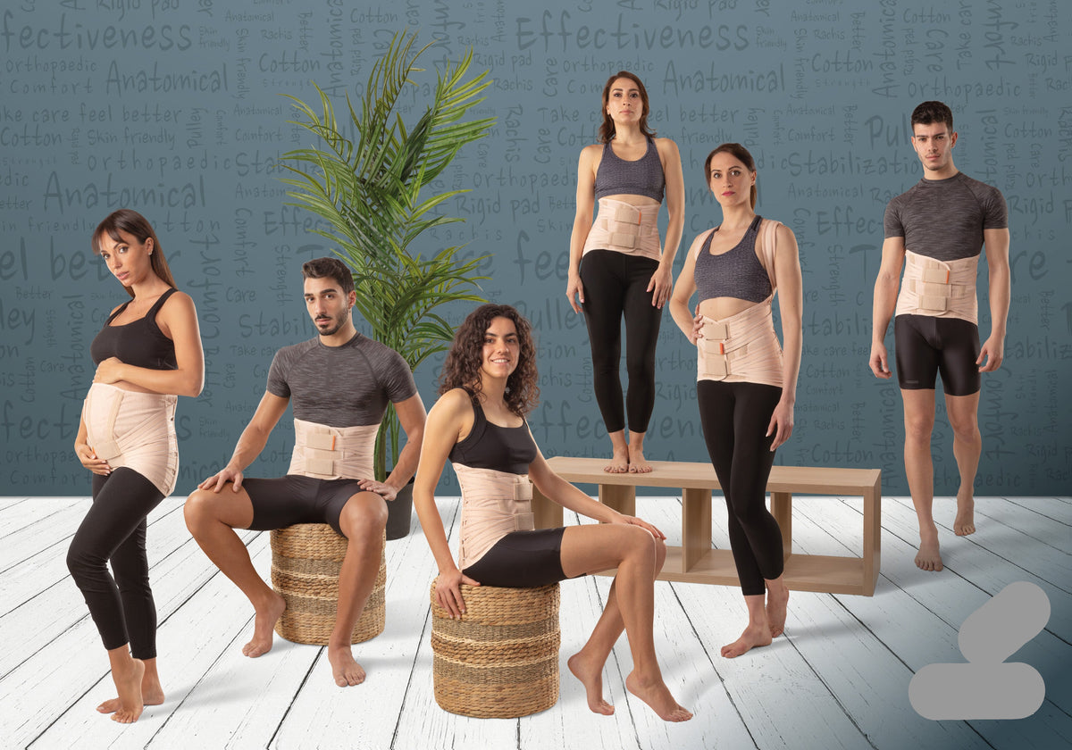 Orthosis for prominent abdomen for stabilising and supporting the lumbar rachis, with rigid and thermoformable pads
