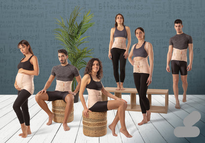 Orthosis for prominent abdomen for stabilising and supporting the lumbar rachis, with rigid and thermoformable pads