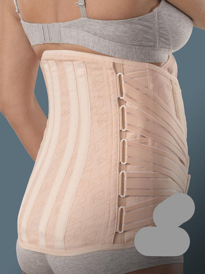 Orthosis for prominent abdomen for stabilising and supporting the lumbar rachis, with rigid and thermoformable pads