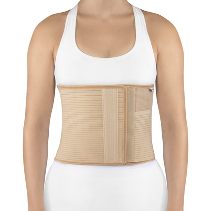 Abdominal support belt with cut-out area for stoma and StomaCare plastron 