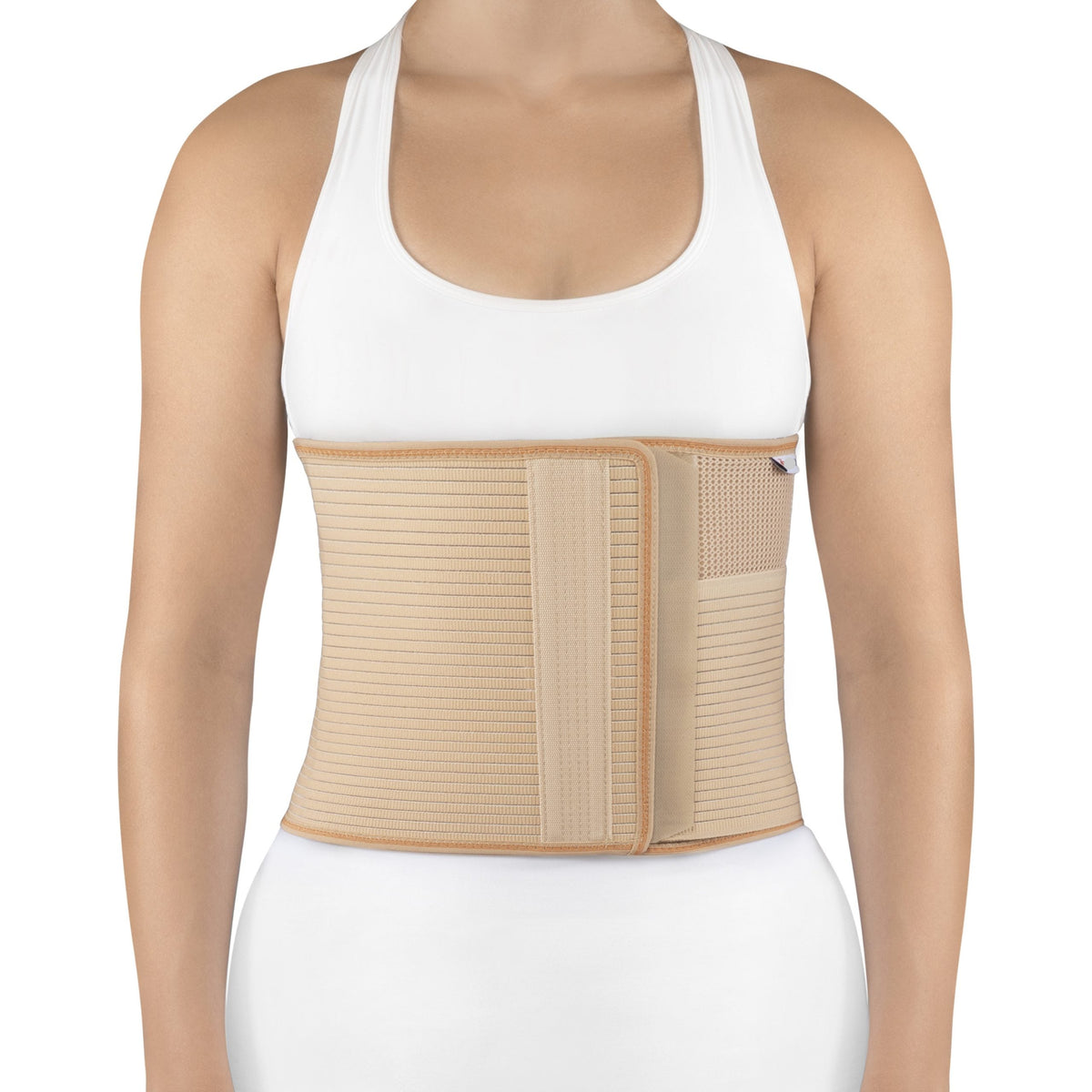 Abdominal support belt with cut-out area for stoma and StomaCare plastron 