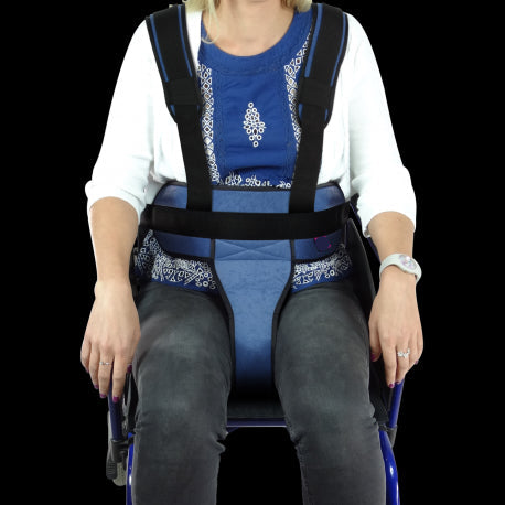 Harnais ceinture abdominale avec bretelles avec support périnéal de maintien au fauteuil serrure iron-clip