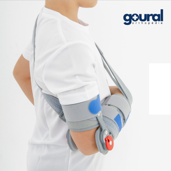 Articulated elbow brace without hand with pediatric arm support